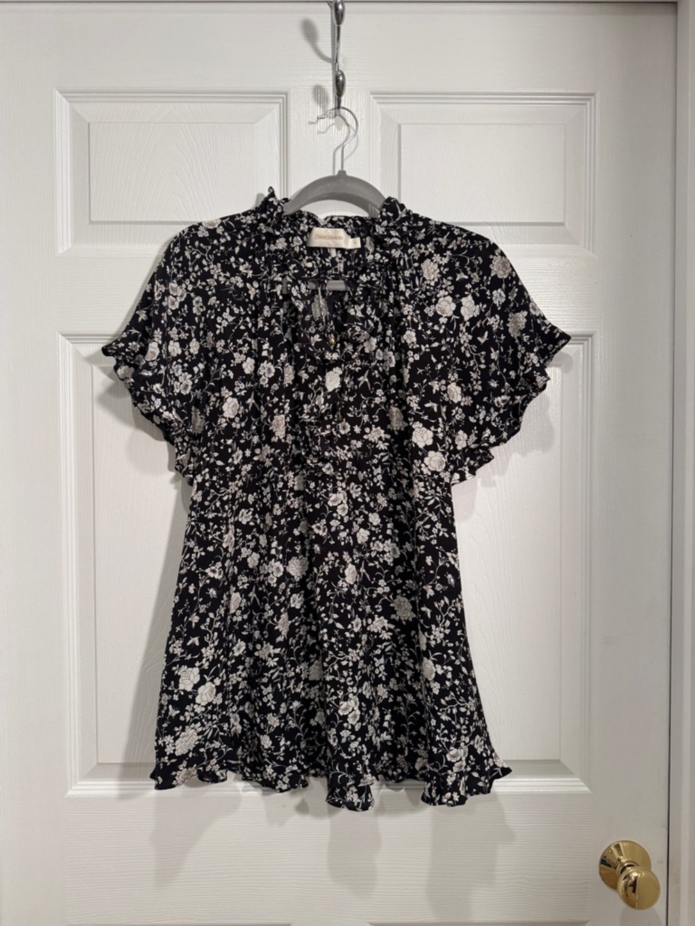 Zimmermann Black and White Floral Ruffle Blouse